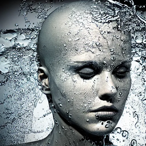 Prompt: water artwork manipulation in the shape of a human head,, ray tracing, sharp focus, realistic water, long shot