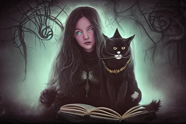 Image similar to romantic photo of bright girl, her cat and her book of necronomicon, symmetrical, cinematic, real dlsr photography, sharp focus, 4 k, ultra hd, sense of awe, sinister demonic atmosphere, dreadful, forbidden knowledge, old gods, cthulhu, yog - sothoth! yah, yah, yah! cultist journal cover