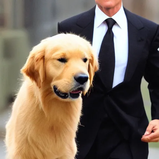 Prompt: a golden retriever with the head of tom cruise wearing a suit