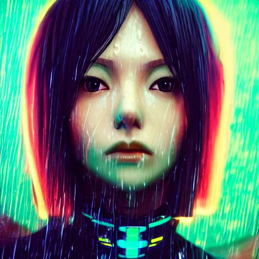 Image similar to anime woman portrait made out of rain, beautiful, stylish suit, cyberpunk background, neon, rendered in octane, unreal engine, matte painting, sharp focus, trending on artstation, futuristic, space, realistic