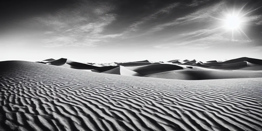 Prompt: landscape photo of an endless desert, huge sand dunes size of mountains old sand stone ruins, beaming sun, beautiful sky, 5 0 mm, hasselblad, tripod, award winning