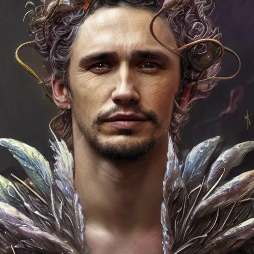 Image similar to closeup portrait shot of james franco as king oberon, fairy wings, lord of beasts, highly detailed, digital painting, artstation, concept art, soft focus, depth of field, artgerm, tomasz alen kopera, peter mohrbacher, donato giancola, wlop, boris vallejo