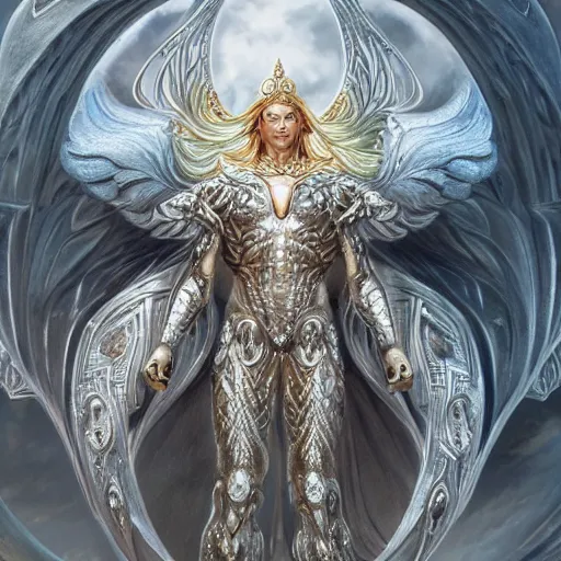 Image similar to a beautiful muscular symmetrical male angel wearing a silver armor with golden ornaments and diamonds jewelry by alex gray and android jones, karol bak, ayami kojima, amano, concept art, character design, fantasy, 3 d, 8 k resolution