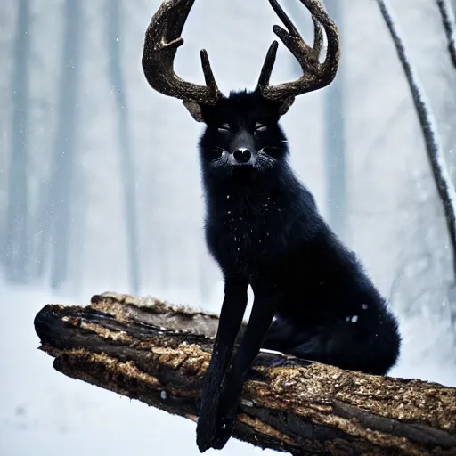 Image similar to anthro black fox with deer antlers on head sitting on a log in a fantasy forest drinking pepsi