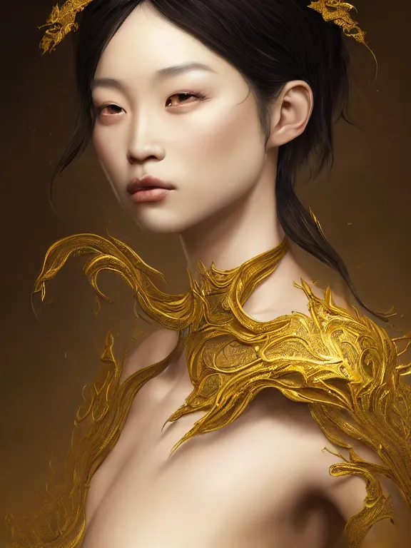 Image similar to beautiful portrait of a Chinese-French mixed race female wearing fantasy minority costume, ivory skin, dark brown long hair, dark brown eyes, ,intricate, elegant, highly detailed, dim volumetric lighting, abstract, 8k,octane,post-processing,digital painting, trending on artstation, concept art, smooth, sharp focus, illustration,by Tom Bagshaw and Daniel Gerhartz and Albert Aublet and Lawrence Alma-Tadema