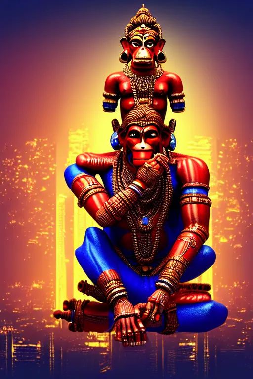 Prompt: high quality 3 d render colorful cyborg! hanuman sitting, gold madhubani, highly detailed, cyberpunk!! mumbai in the background, vray cinematic smooth, blade runner, moody light, low angle, uhd 8 k, sharp focus