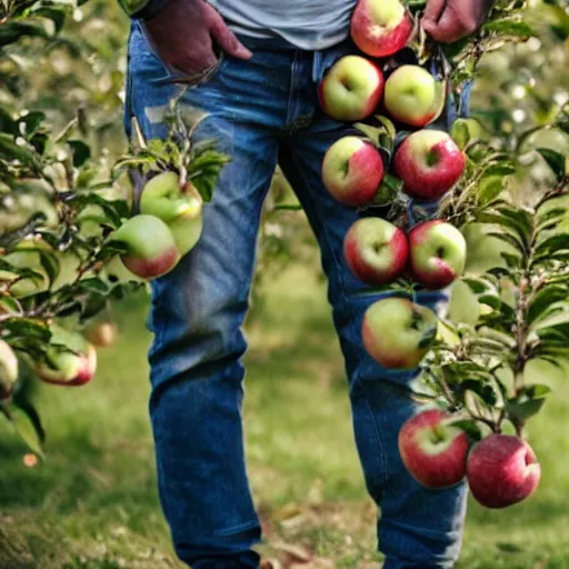 Image similar to a man holding 25 apples in his left hand while standing on a ladder in an orchard