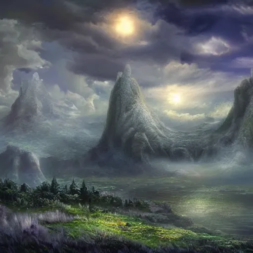 Image similar to mystical fantasy landscape, realistic