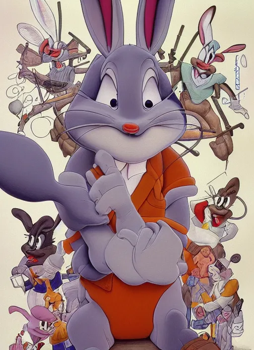 Image similar to portrait of bugs bunny in Society (1989), intricate, highly detailed, centered, solid color studio background, digital painting, artstation, concept art, smooth, sharp focus, illustration, artgerm, donato giancola, Joseph Christian Leyendecker, WLOP, Artgerm