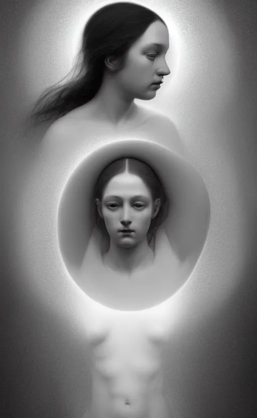 Image similar to dreamy, monochrome, subsurface scattering, white, young beautiful goddess in cosmos, octane render, dino valls, mark ryden, joe fenton, michal karcz, highly detailed, rim light, art, cinematic lighting, very coherent, hyper realism, 8 k