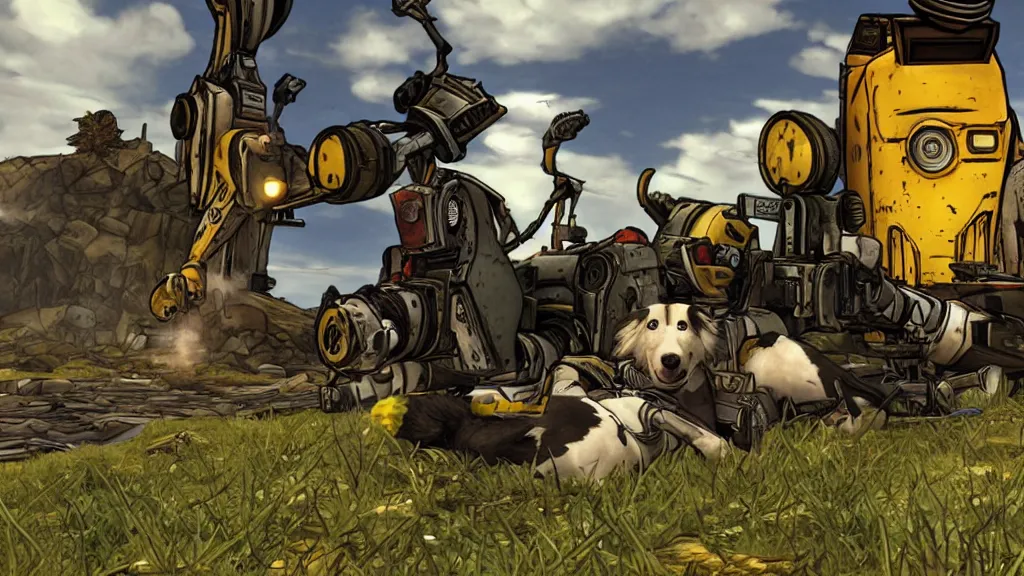 Prompt: border collie in borderlands 2. border collie is sitting next to claptrap.