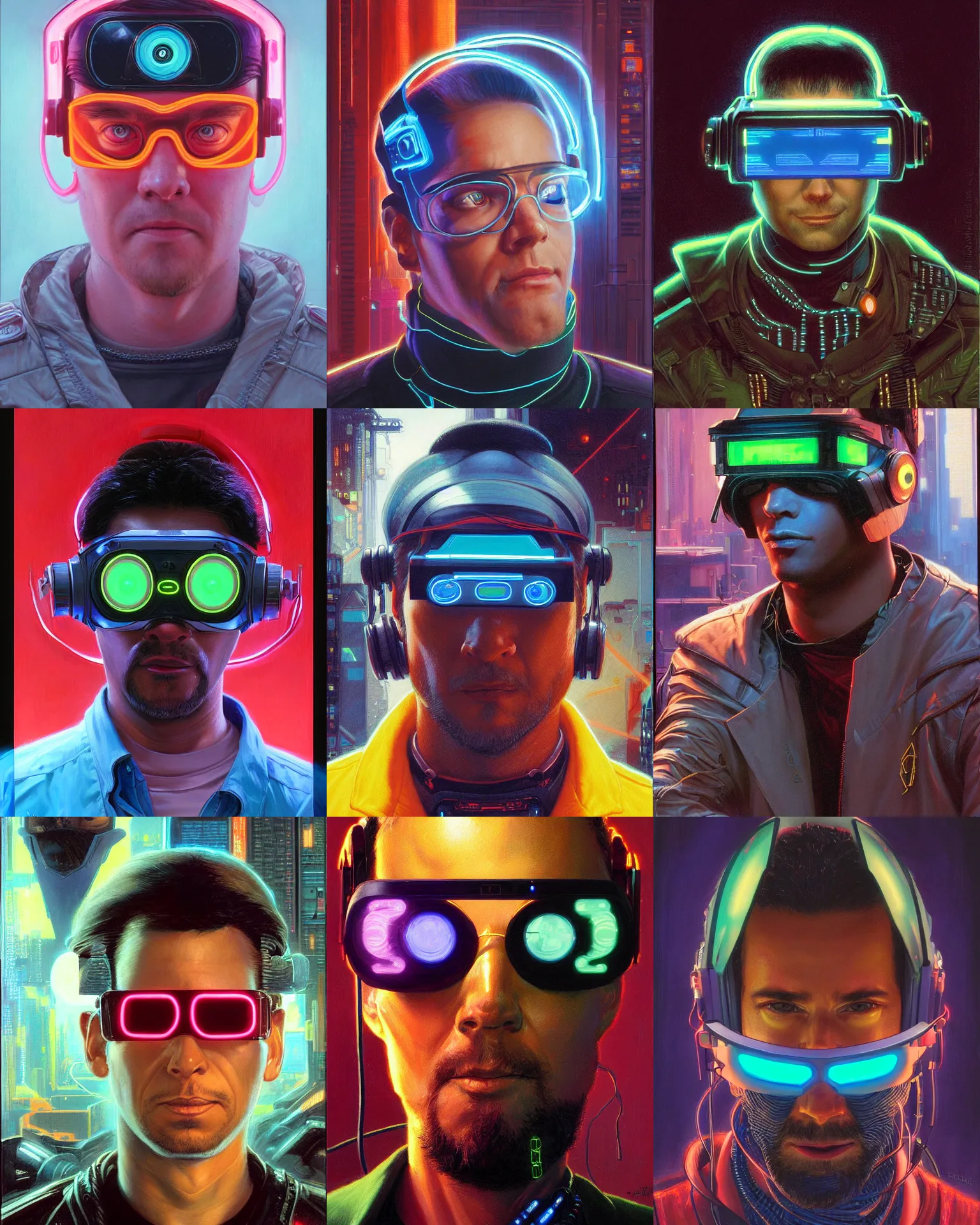 Prompt: digital neon cyberpunk programmer with geordi eye visor and headset headshot portrait painting by donato giancola, kilian eng, john berkley, hayao miyazaki, j. c. leyendecker, mead schaeffer