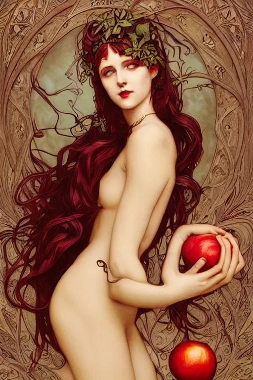 Prompt: Art Nouveau Lilith, Queen of the moon, Sensual occult esoteric woman holding an apple, full body image centered in frame, headshot, D&D, fantasy, highly detailed, digital painting, artstation, concept art, sharp focus, illustration, art by artgerm and greg rutkowski and alphonse mucha