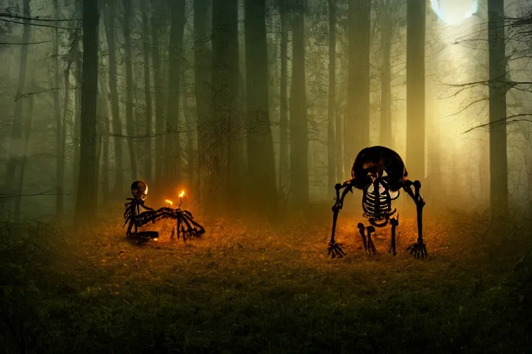 Prompt: a burning human skeleton sitting in foggy forest behind computer at moonlight night, overgrown with moss, dark atmosphere, scary dark fantasy, horror, highly detailed