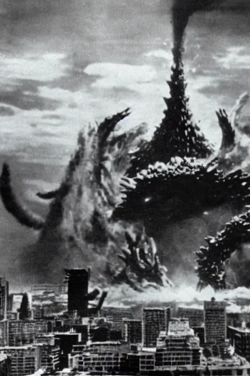 Image similar to a communist propaganda poster of Kim Jong-il and Starro Kaiju monster destroying Pyongyang, in Godzilla (1954) by Ishirō Honda, traditional Korean city, palace, epic ultrawide shot, cinémascope