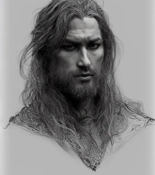 Image similar to portrait of man with long blond hair tied up wearing black robes, pen and ink, intricate line drawings, by craig mullins, ruan jia, kentaro miura, greg rutkowski, loundraw