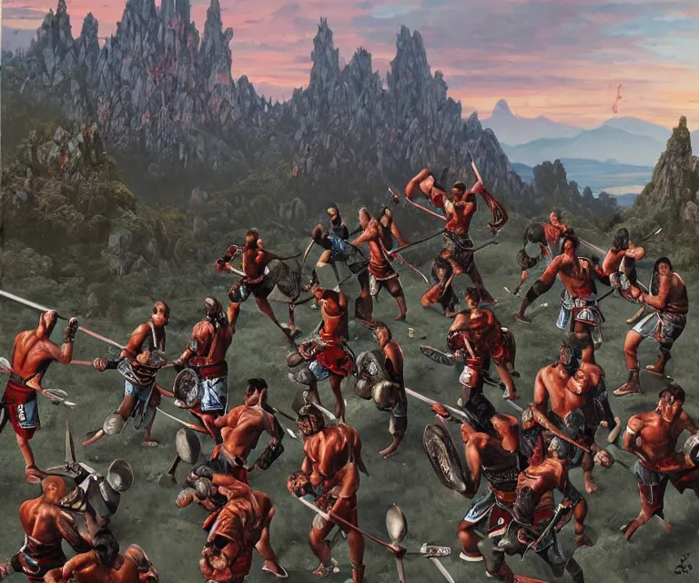 Prompt: wide angle shot from above of silver ornate armor slim muay thai handsome warriors in battle!!! mountains and giant gothic abbeys in the background, hyperrealism, fine detail, 8 k, high contrast color scheme, blue at the background red at the foreground!!!, dynamic perspective, oil canvas by mandy jurgens and michael whelan