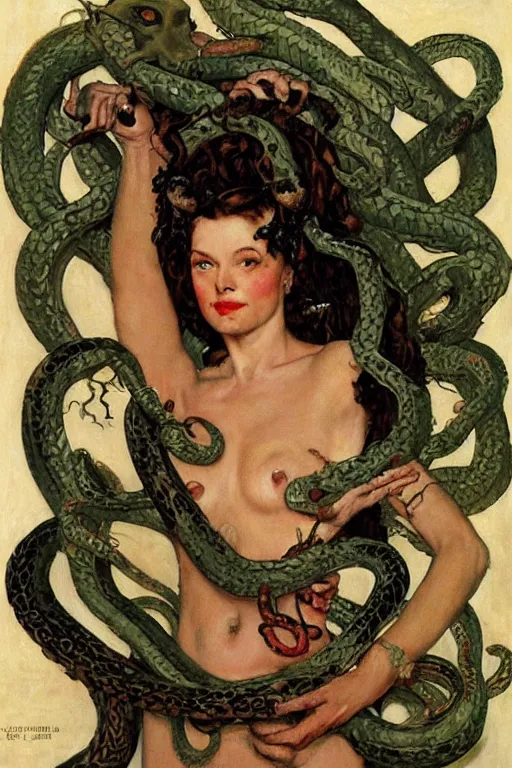 Prompt: head and shoulders portrait of fierce woman as medusa with snakes growing out of her head, norman rockwell, jacob collins, tom lovell, frank schoonover