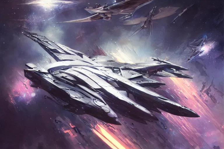 Image similar to nebula by raymond swanland, framing a pteranodon battlecruiser, with bold white kanji and number insignias, sleek, white john berkey panels, spines and towers, rows of windows lit internally, sensor array, blazing engines, robotech styling, boeing concept art, cinematic lighting by liam wong