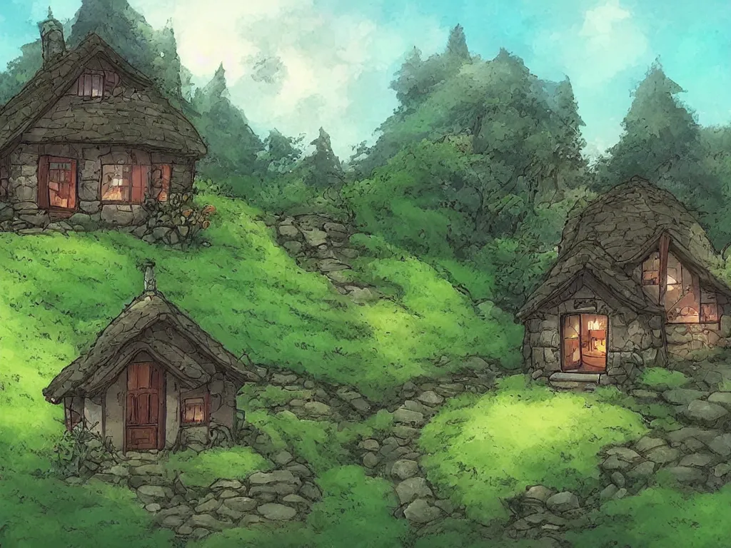 Image similar to cozy cottage on a hill in the style of Miyazaki