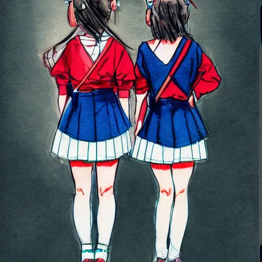 Image similar to a perfect, realistic professional concept sketch of two Japanese schoolgirls posing, in style of Marvel and DC, full length, by pen and watercolor, by a professional American senior artist on ArtStation, a high-quality hollywood-style sketch, on high-quality paper, 1980s