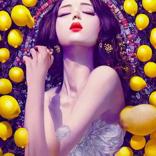 Image similar to the portrait of an absurdly beautiful, graceful, elegant, sophisticated, young idol made up of lemons, an ultrafine hyperdetailed illustration by kim jung gi, irakli nadar, intricate linework, bright colors, octopath traveler, final fantasy, unreal engine 5 highly rendered, global illumination, radiant light, detailed and intricate environment