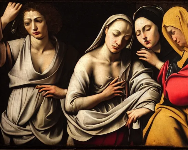 Prompt: 1 7 th century painting of 3 women mourning at the tomb of jesus, fibonacci, 2 angels pointing to the tomb, dramatic light, caravaggio, rubens