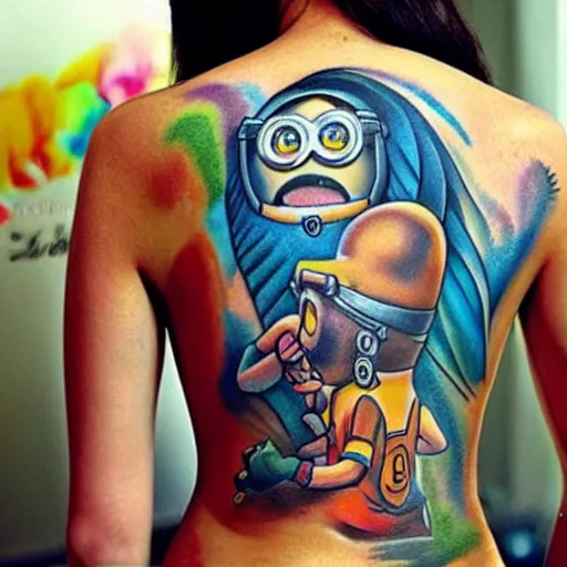 Image similar to tattoo of female on minion back, epic, colorful, beautiful, intricate detail