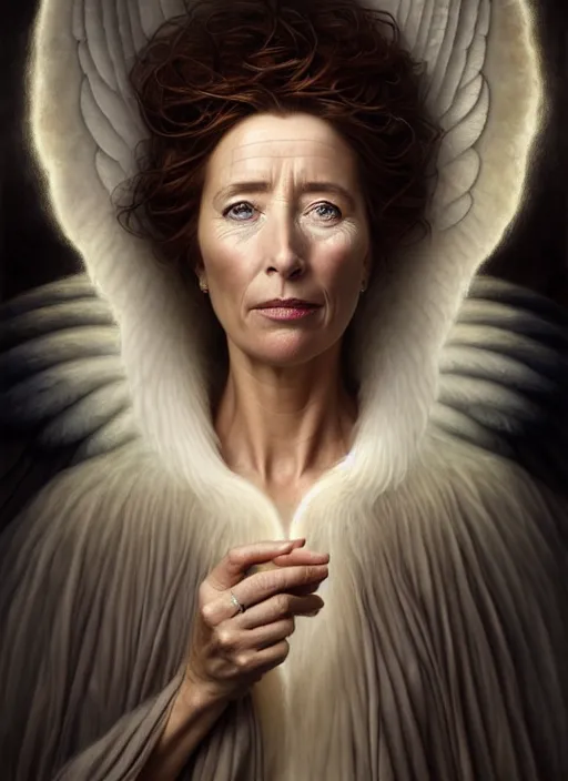 Image similar to emma thompson as an angel with cloak, aesthetic, fine art, intricate, elegant, highly detailed, realistic hair, centered, digital painting, art station, conceptual art, soft, sharp focus, illustration, artwork, artgerm, tomasz alen kopera, peter mohrbacher, donato giancola, wlop, boris vallejo