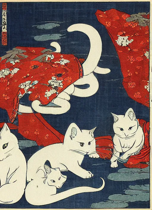 Prompt: whitecat with 2 baby white cats of utagawa hiroshige, digital painting 4 k uhd image, highly detailed