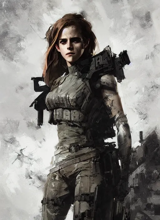 Image similar to emma watson wearing metal gear armor dramatic lighting cinematic cinematic lighting art by Richard Schmid by Yoji Shinkawa by greg rutkowski by Sandra Chevrier by Jeremy Lipking