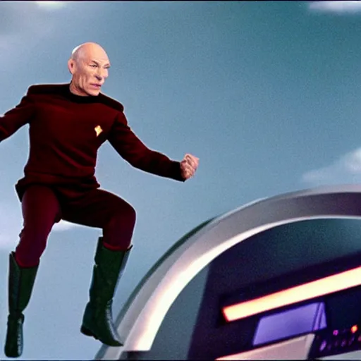 Image similar to Captain Picard jumping from the Starship enterprise