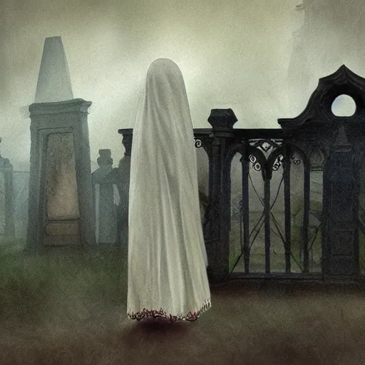 Prompt: ominous bedsheet ghost walking through the center of an old cemetery, oil painting, brush strokes, gloomy misty atmosphere, symmetrical, full body image, highly ornate intricate details, very sharp photo,
