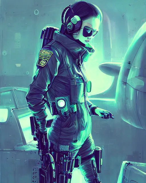 Prompt: detailed neon female swat officer flying a plane, cyberpunk futuristic, neon, reflective puffy coat, decorated with traditional japanese by ismail inceoglu dragan bibin hans thoma greg rutkowski alexandros pyromallis nekro rene margitte, aerial view, illustrated, perfect face, fine details, realistic shaded, fine - face, pretty face