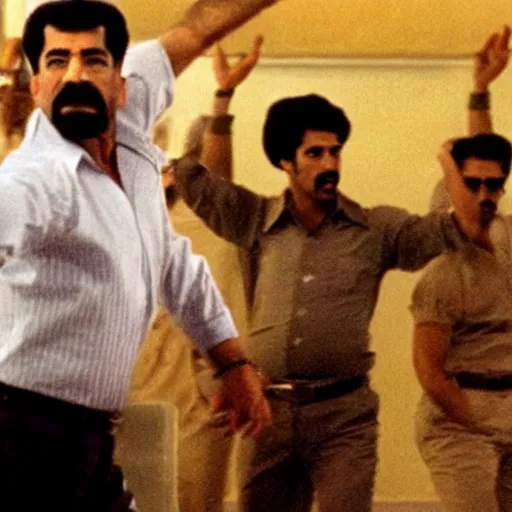 Prompt: A movie still of Saddam Hussein dancing in Satuday Night Fever