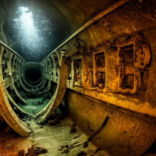 Prompt: a rusty shipwreck in an underwater tunnel, underwater photograph, creepy, eerie, surreal, submechanophobia, scary lighting,