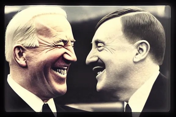 Image similar to “ very very intricate photorealistic photo of hitler and joe biden laughing together, detailed natural lighting, award - winning crisp details ”