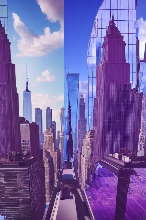 Prompt: of a futuristic photo - realistic new york city with mirrored windows in shiny crystalline : 7, the statue of liberty : 2, highly symmetrical, balanced, purple lightening : 3, octane render, clouds : 2, violet sun : 4, in the style of sahm : 3, hd, ultra - realistic, hyper - realistic, digital art,