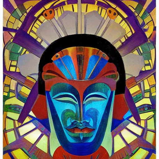 Image similar to head of a beautiful boy wearing a mask made of metal flowers, by diego rivera and john watkiss, art deco shaman, stylized geometric flowers, art brut, symbolist, dramatic lighting, god rays, iridescent beetles, clean crisp graphics, smooth sharp focus, extremely detailed