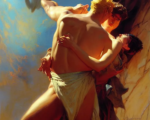 Image similar to attractive lucifer morning casting illusion over attractive mortal man. highly detailed painting by gaston bussiere, craig mullins, j. c. leyendecker 8 k