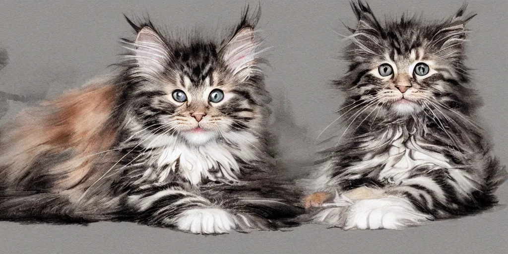 Image similar to shower curtain product catalog. on the curtain is a watercolor with ink under drawing of one maine coon kitten with a toy. wide - angle product photography, product lighting. 4 k, highly detailed. saturated.