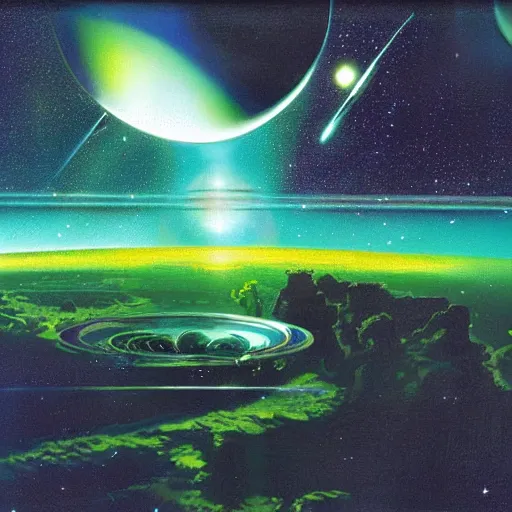 Image similar to Green nebula without planets, Syd Mead, John Harris, Federico Pelat,