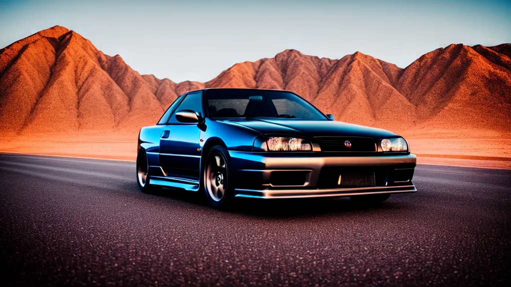 Image similar to three quarter front photo of a stock dark grey nissan r 3 2 skyline gtr on a road in a desert with a mountain in the background in the early morning, car photography, zoom lens, blue hour, photorealistic