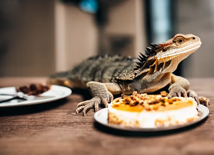 Prompt: dslr portrait still of a bearded dragon eating a slice of cheesecake, 8 k 8 5 mm f 1. 4