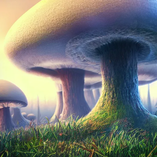 Image similar to giant mushroom forest, hyperrealistic, digital art, unreal engine, hyperdetailed, psychedelic, 4 k, 8 k, artstation, nature