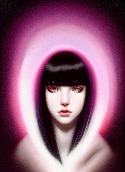 Image similar to portrait of teenage girl with white bangs, red irises, black hair, purple clothes, white bangs, bangs are different color from hair, intricate, front of hair is white rest is black, elegant, glowing lights, highly detailed, digital painting, artstation, concept art, smooth, sharp focus, illustration, art by wlop, mars ravelo and greg rutkowski