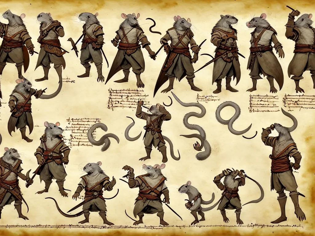 Image similar to character design sheet for a group of heroic rat pirates on a parchment background, redwall, greg rutowski and jean baptiste monge, very very detailed, epic fantasy concept art