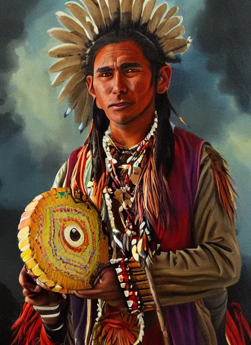 Image similar to a beautiful painting of an indigenous man holding a highly decorated round shamanic drum, fantasy art, matte painting