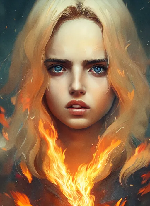 Image similar to blond girl hell spawn surrounded by fire tornadoes, flawless symmetrical pretty cute face, ana de armas, greg rutkowski, 8 k, shallow depth of field, intricate detail, concept art,