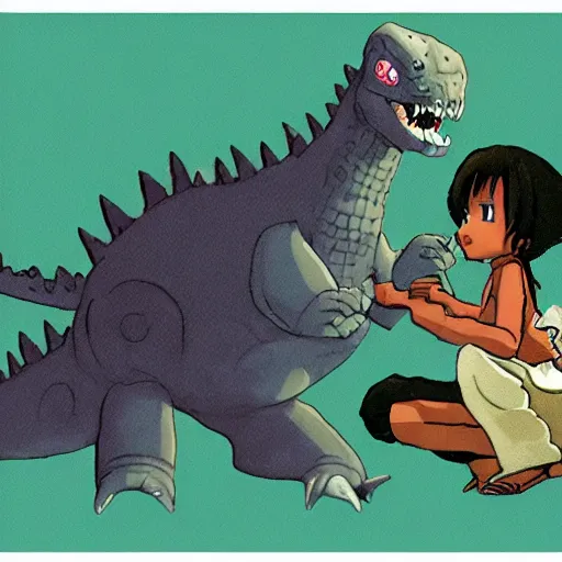 Image similar to Dark skinned girl pets Chibi Godzilla, Studio Ghibli